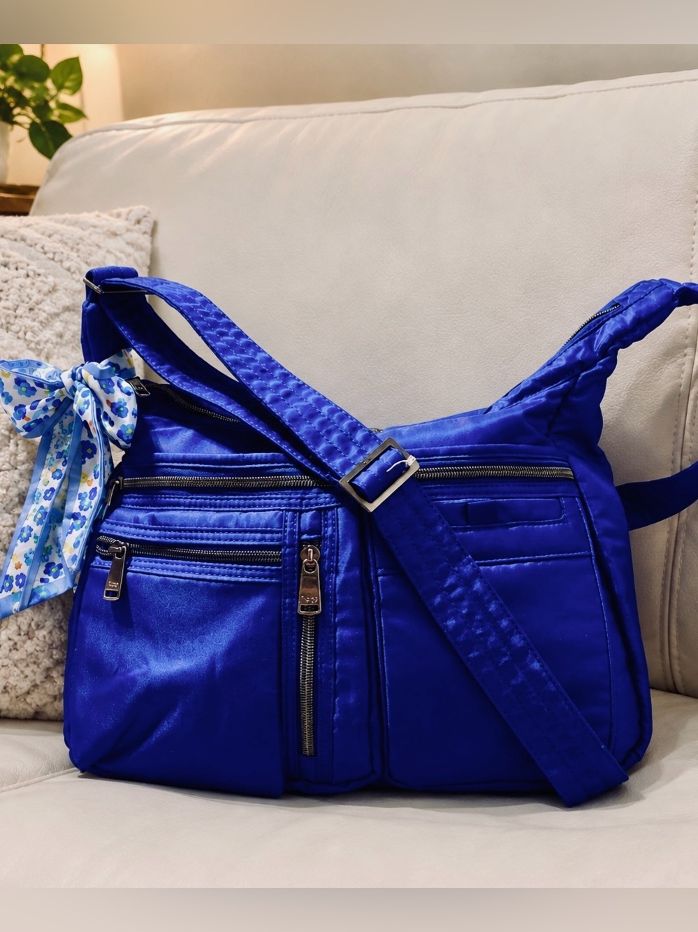 lug Royal Blue Nylon Crossbody Bag with unbranded Scarf Accent NWOT